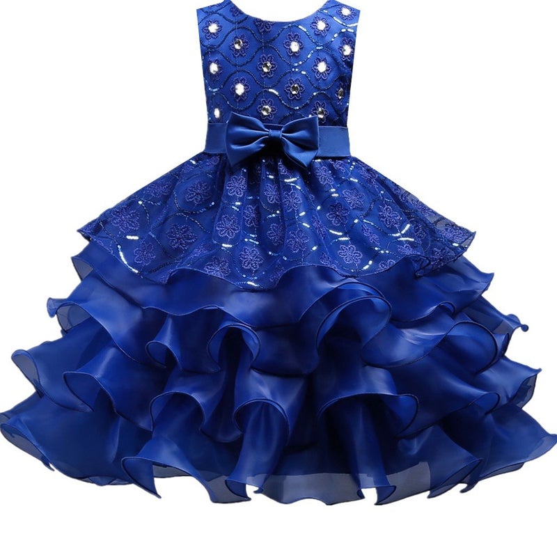 DreamHigh Wedding Flower Girl's Ruffles Lace Cute Bow Waist Evening Dress up Royal Blue 9-10 Years - Image 1